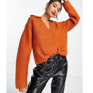 ASOS Design Sweater with Open Neck & Collar Detail Rust Orange size 6
